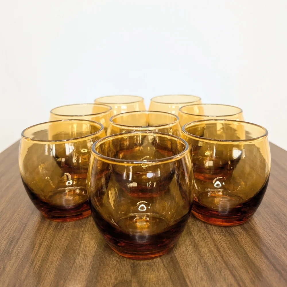 Set Of 8 Vintage 60s 70s MCM Amber Color Roly Poly Glasses Whiskey Stemless Wine